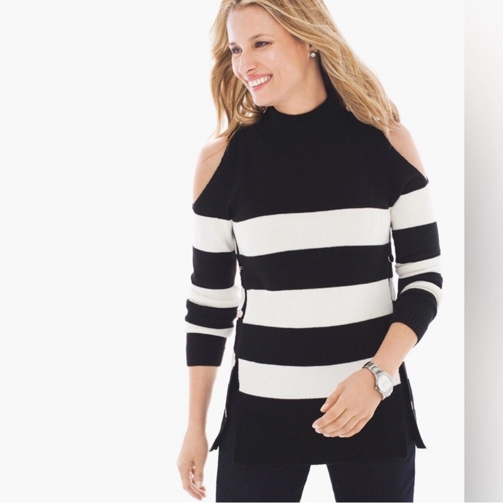 NWT Chicos Sweater Stripe Knit Pullover Tunic Poncho Black Cream Ecru 0 XS S 2 4